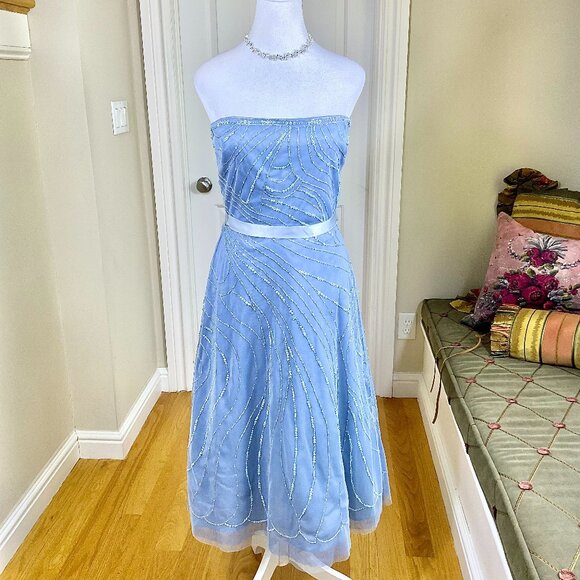 BCBGMaxAzria Dress Party Strapless Midi Sequins Light Ice Blue Silver Belted (6) - Picture 1 of 8